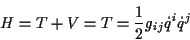 \begin{displaymath}
H=T+V=T=\frac{1}{2}g_{ij}\dot{q}^{i}\dot{q}^{j}
\end{displaymath}