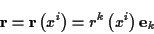 \begin{displaymath}
\mathbf{r}=\mathbf{r}\left( x^{i}\right) =r^{k}\left( x^{i}\right) \mathbf{e}_{k}\end{displaymath}